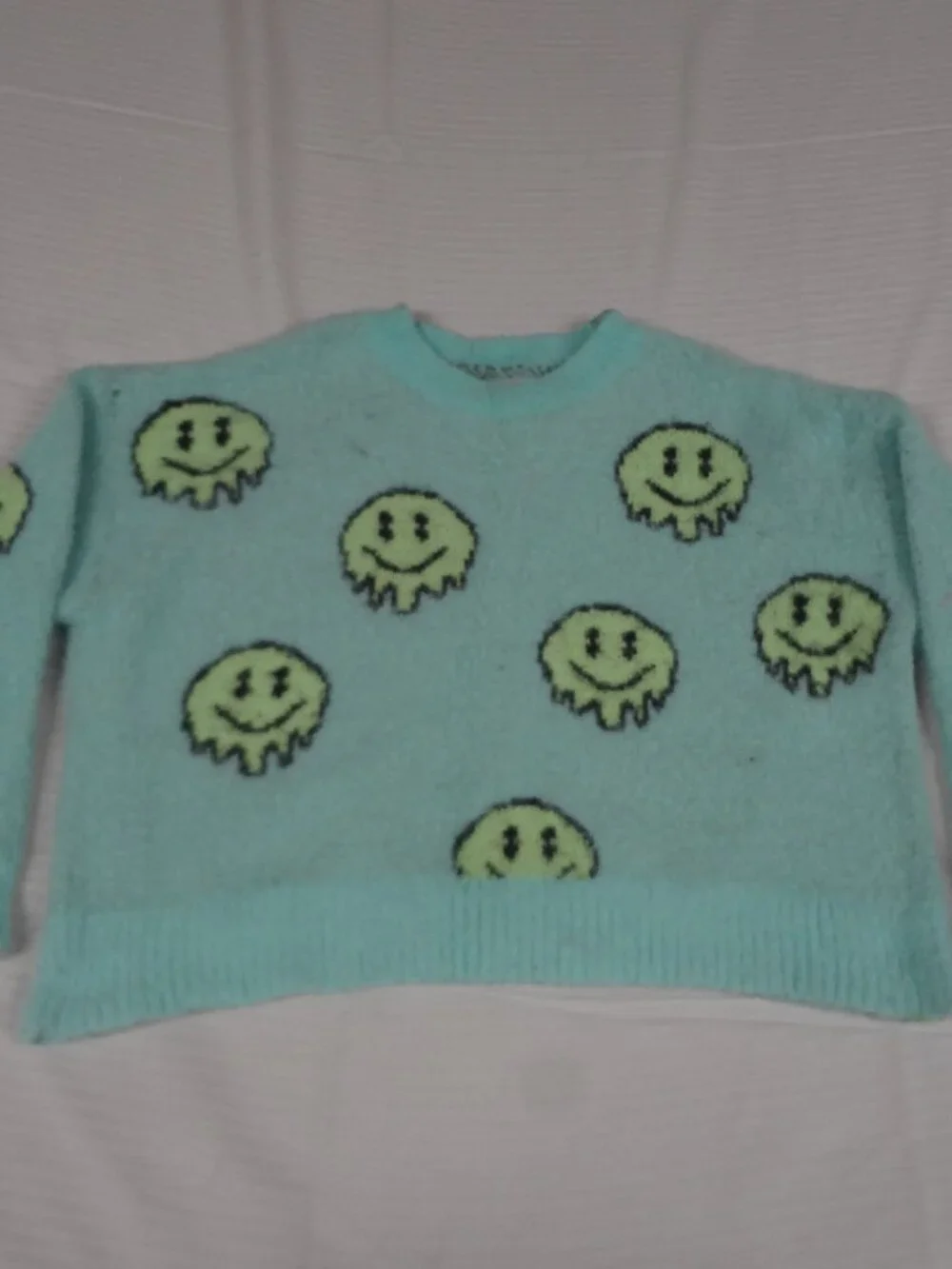 JUSTICE GIRLS SWEATSHIRT PULL OVER SWEATER MELTING SMILEY FACES BLUE XS 5/6 L793